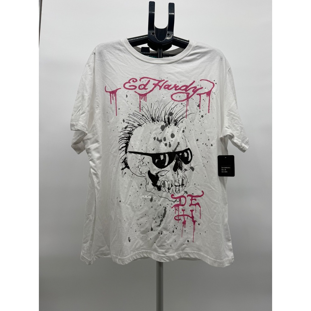 Ed Hardy Mens Mohawk Skull Punks Not Dead Graphic T-Shirt White 2X NWT